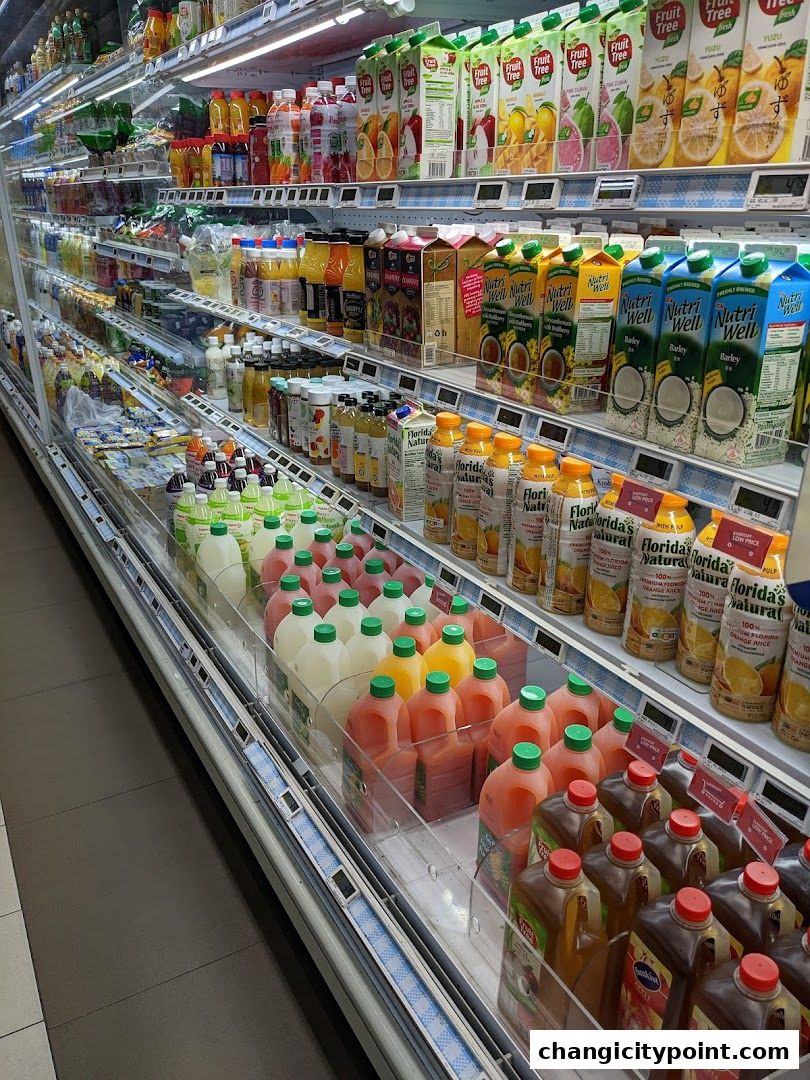 A wide selection of juices and beverages displayed in a refrigerated aisle.