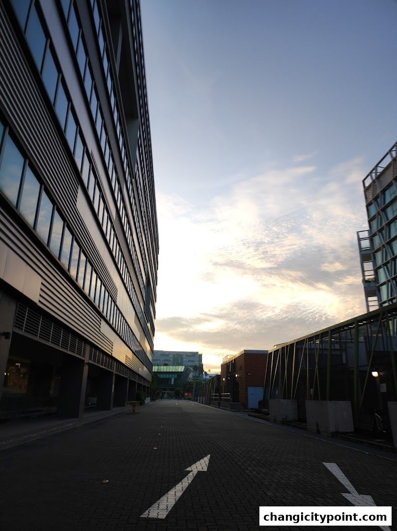 A pathway between modern buildings under a cloudy sky at sunset.