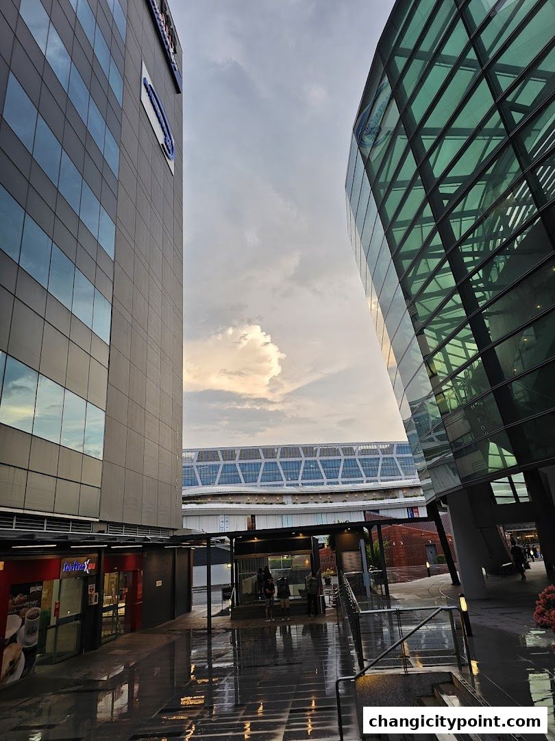 Modern buildings with glass facades and a wet walkway reflecting the sky.