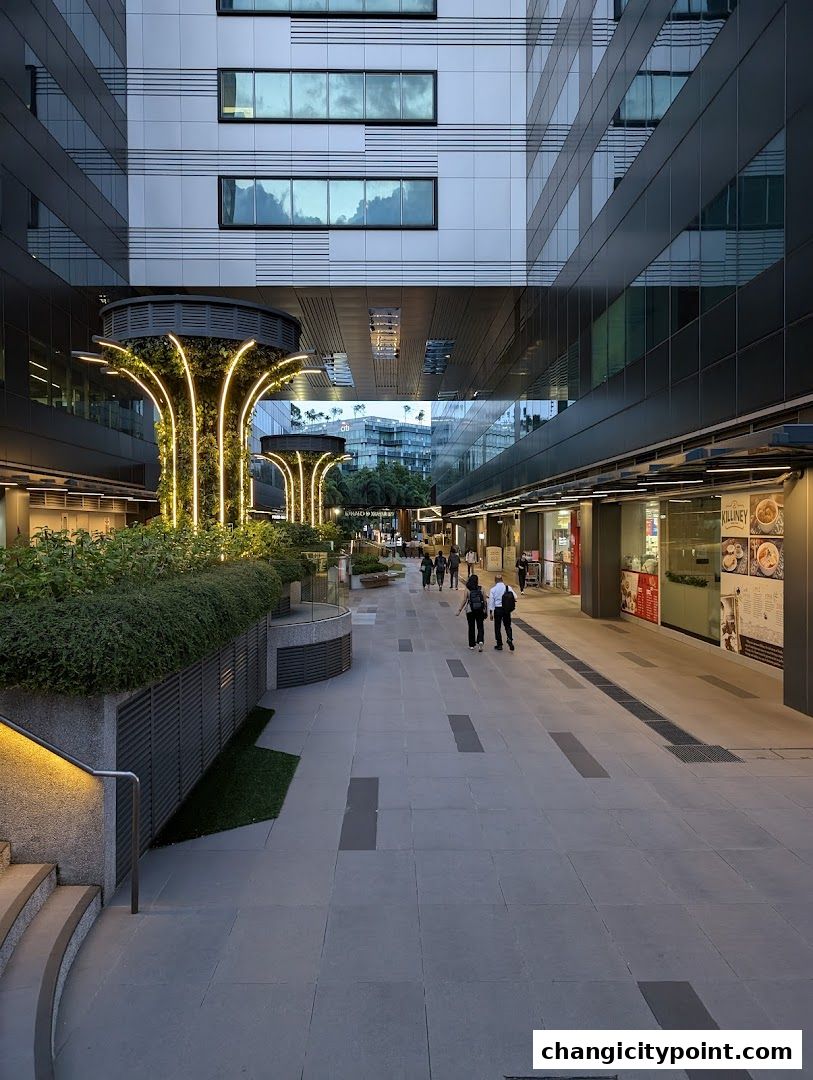 Modern outdoor walkway with lush greenery and illuminated architectural features.