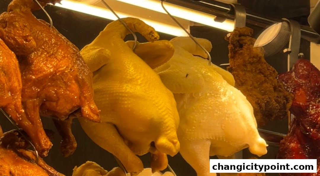Various roasted and boiled chickens and ducks hanging in a food display.