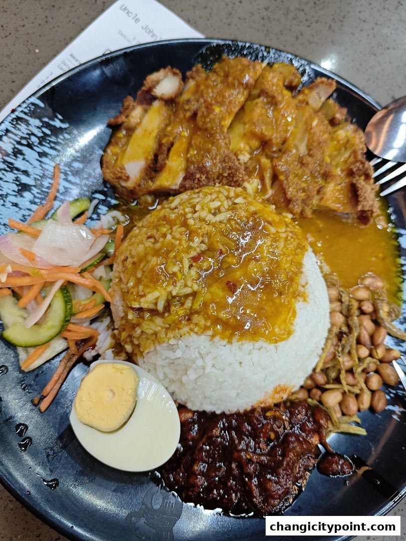 A plate of Nasi Lemak with fried chicken, rice, egg, sambal, peanuts, and salad.