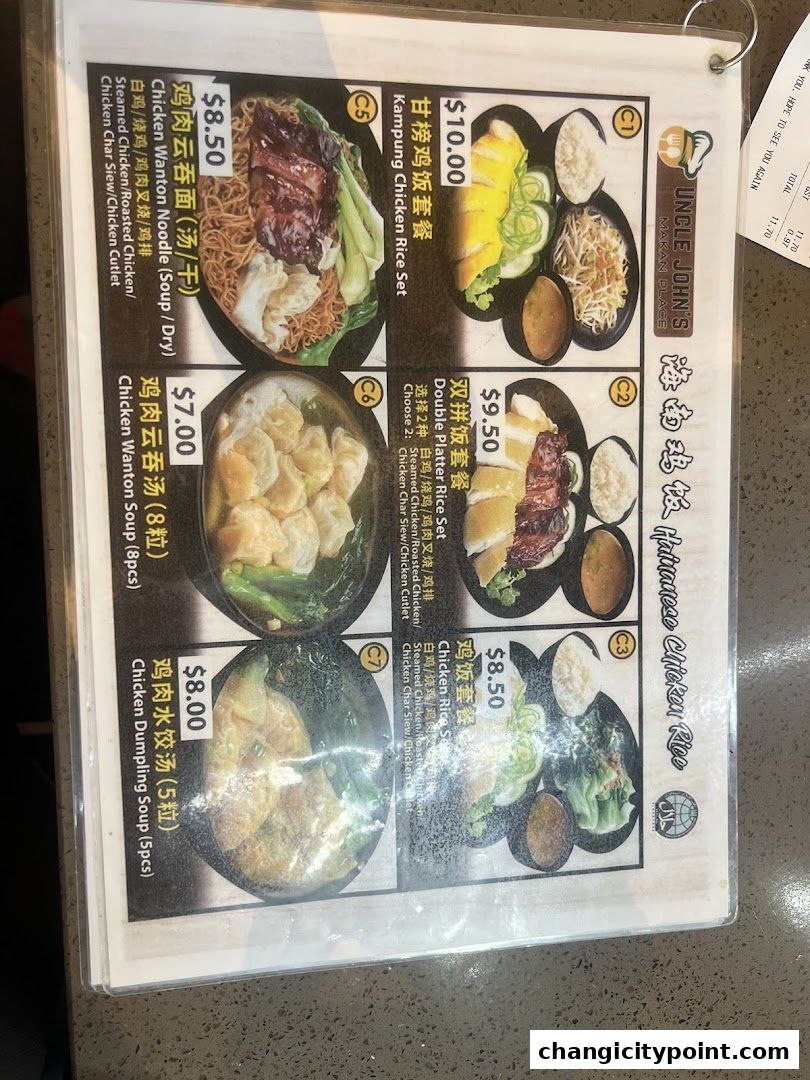 A menu from Uncle John's Makan Place featuring various chicken rice and noodle dishes.