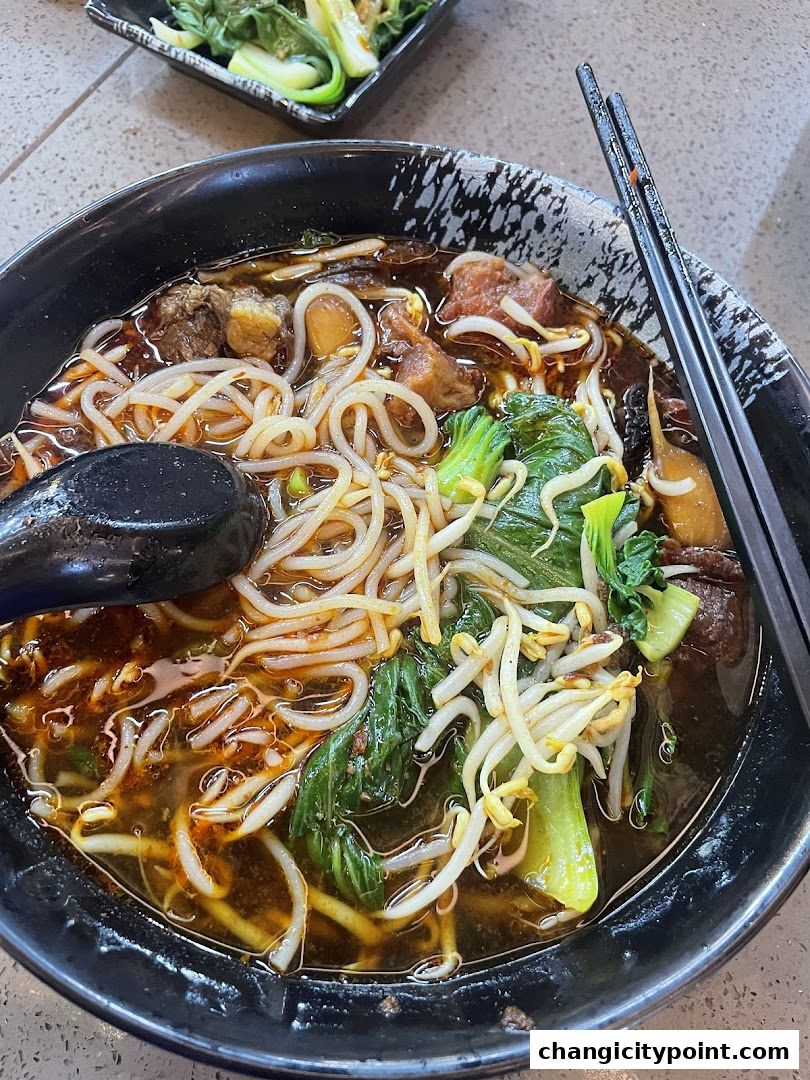 A close-up of a hearty bowl of beef noodle soup with bok choy and bean sprouts.