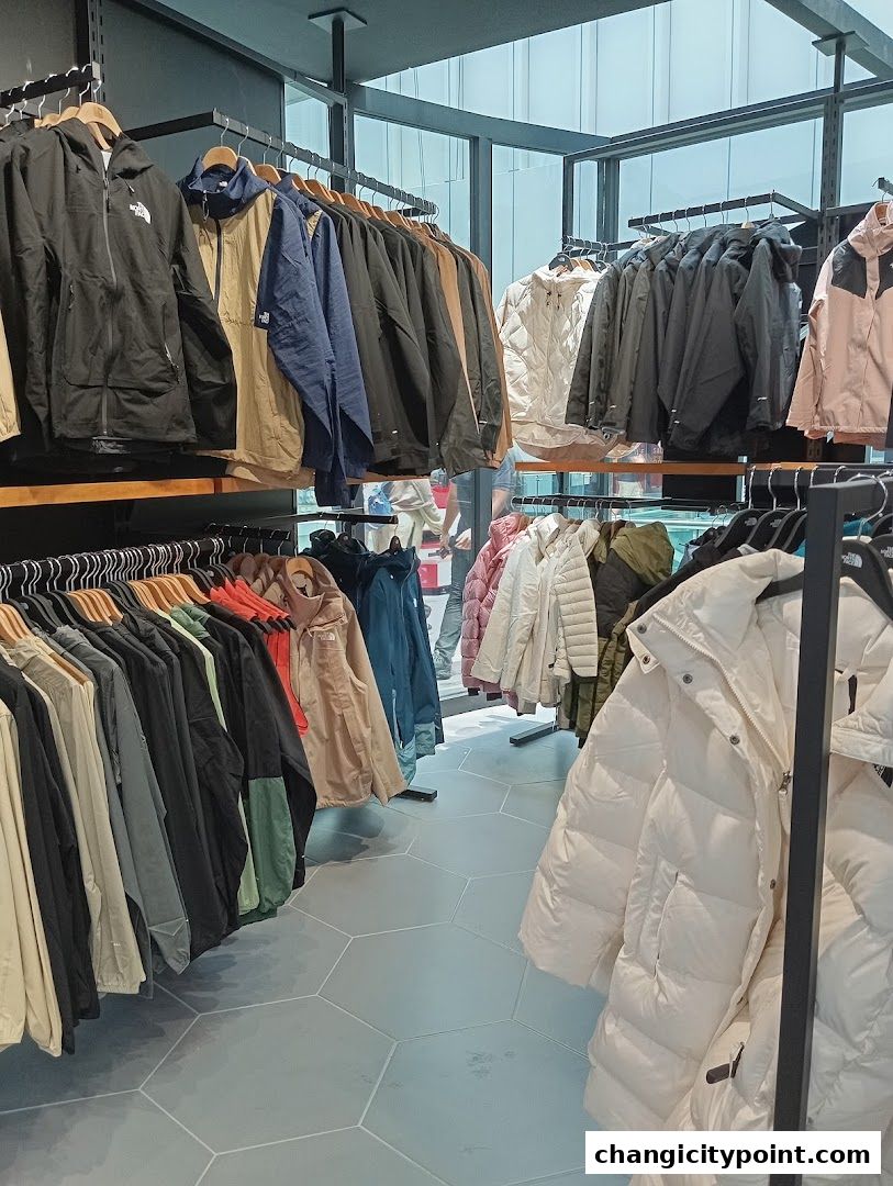 Interior view of a retail store displaying a variety of jackets and outerwear on racks.
