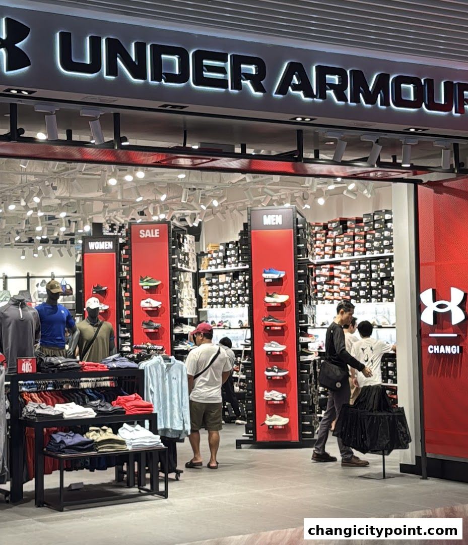 Under Armour store entrance showcasing apparel, shoes, and sale items for men and women.