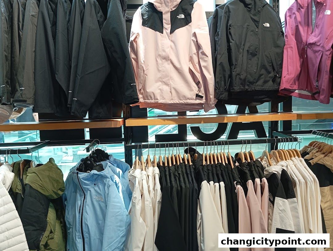 A display of various jackets and outerwear hanging on racks inside a retail store.