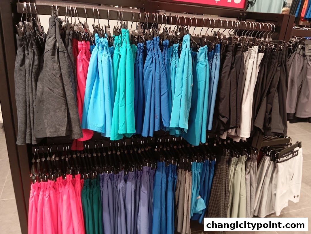 A display of colorful athletic shorts and shirts hanging on racks in a retail store.
