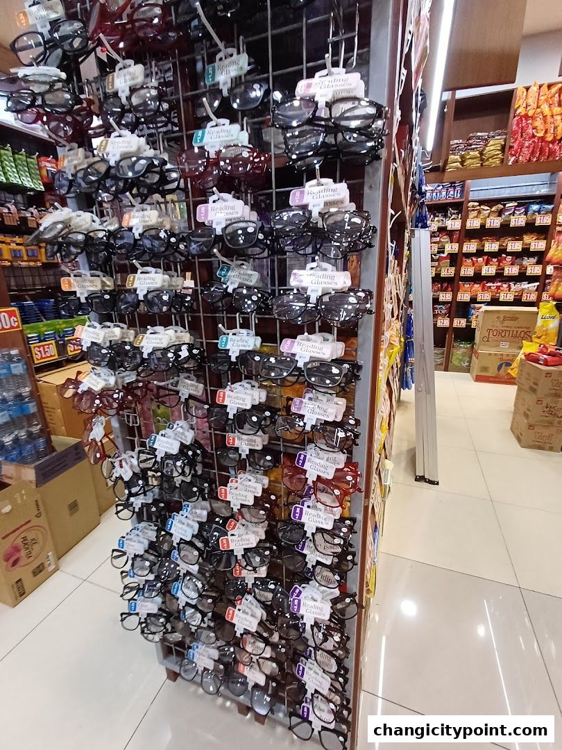A display rack filled with various reading glasses and other items in a retail store.