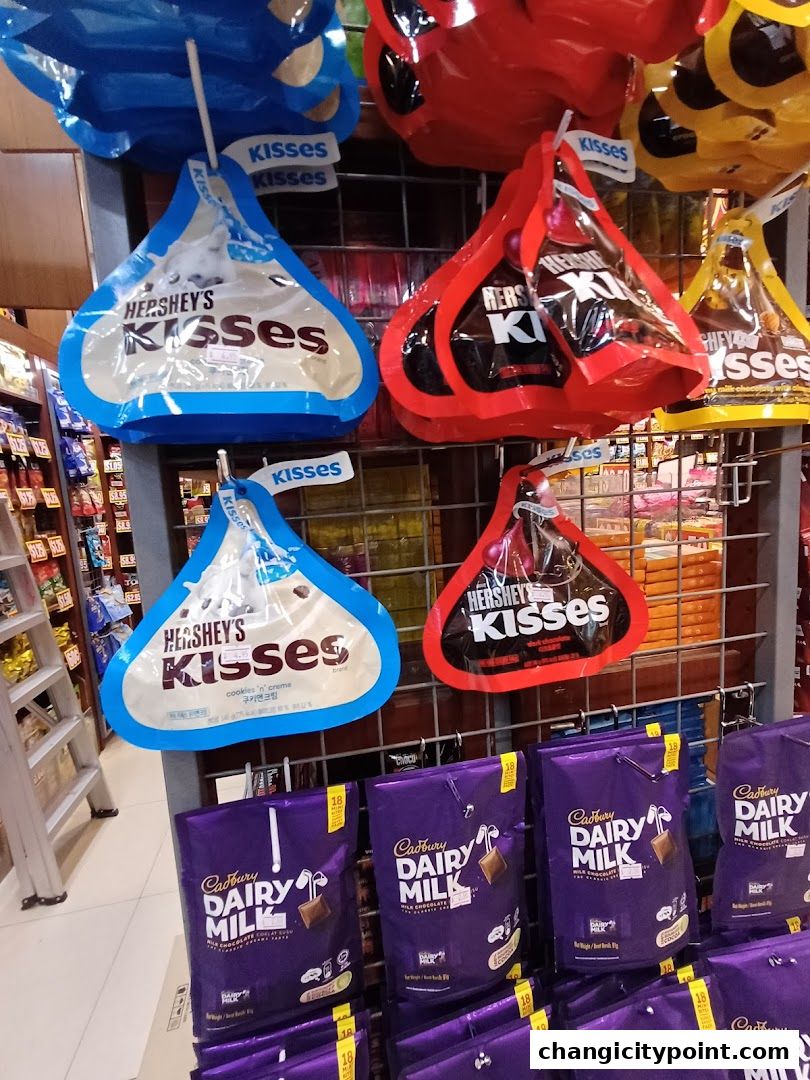 A display of Hershey's Kisses and Cadbury Dairy Milk chocolates in various flavors.