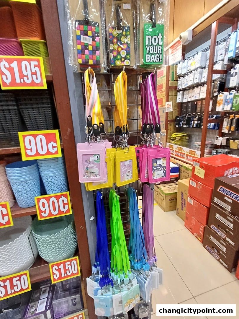 A retail display featuring colorful luggage tags, lanyards with ID holders, and various storage containers.