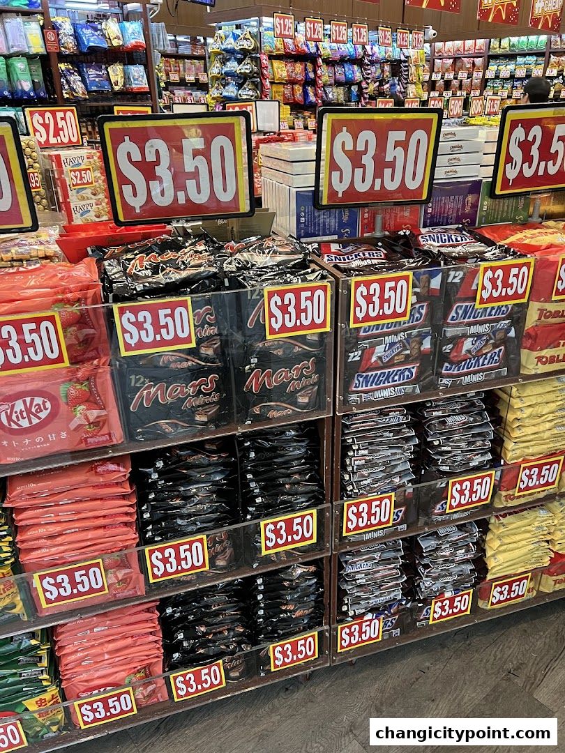 A display of various candy bars and snacks with prominent price tags.
