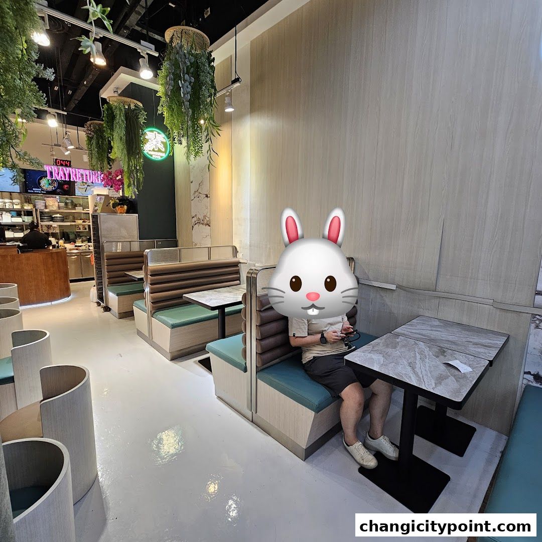 Interior of Veggie House restaurant with booth seating and hanging plants.