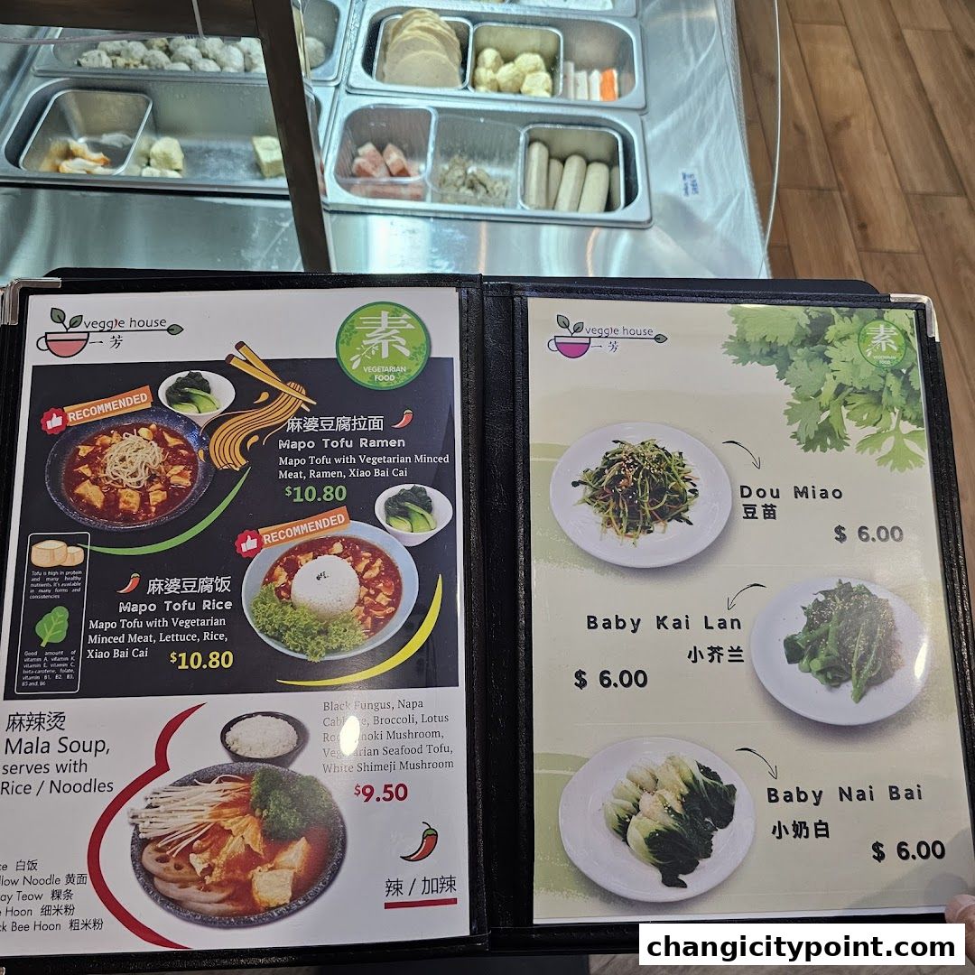 A menu from Veggie House featuring vegetarian dishes like Mapo Tofu Ramen and Mala Soup.