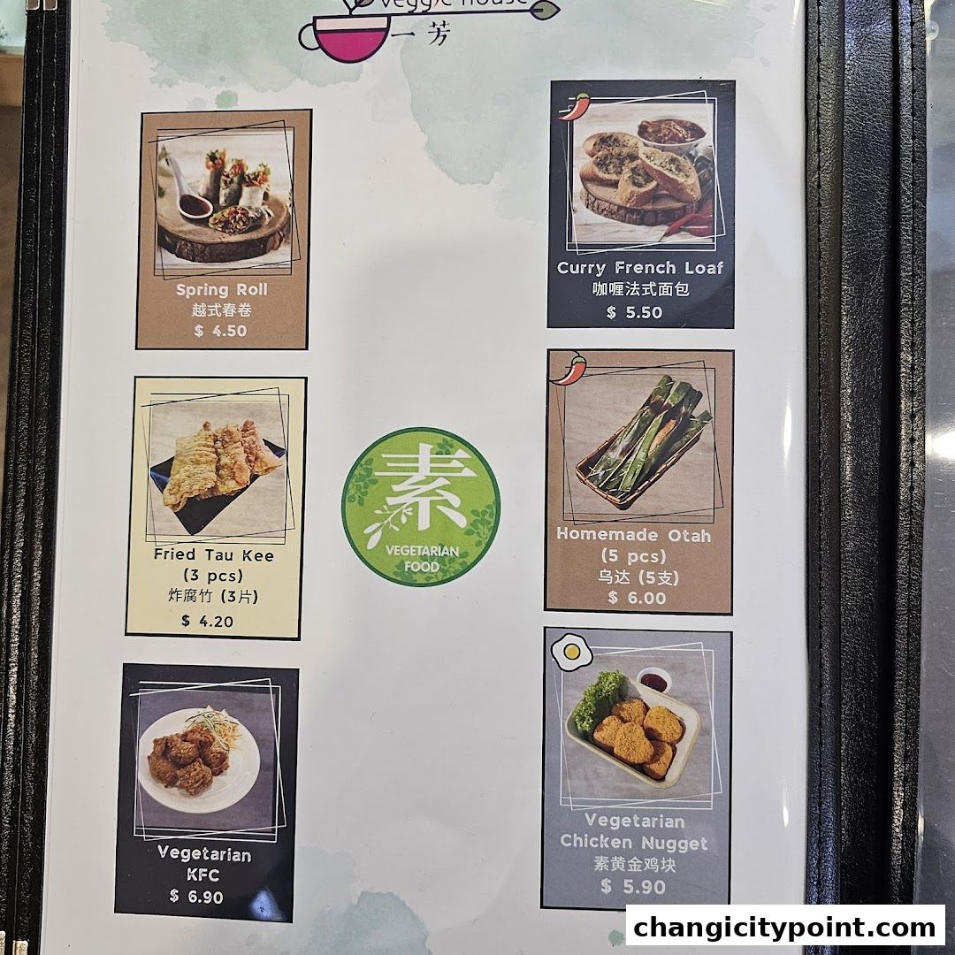 A menu from Veggie House showcasing various vegetarian dishes with images and prices.