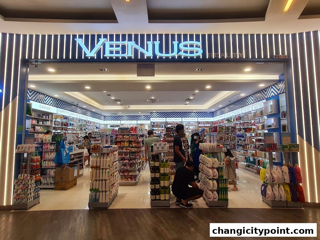 The entrance of Venus Beauty store, fully stocked with cosmetics, skincare, and hair care products.