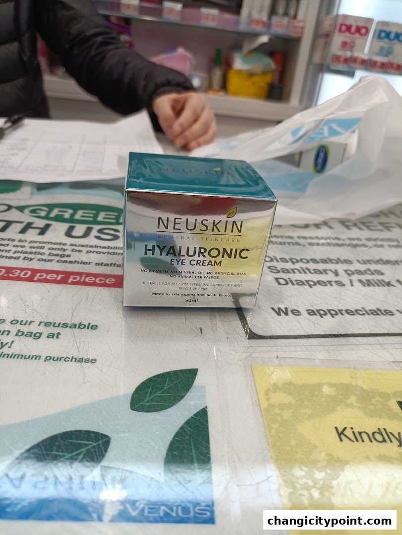 A box of Neuskin Hyaluronic Eye Cream is displayed at a counter in Venus Beauty.