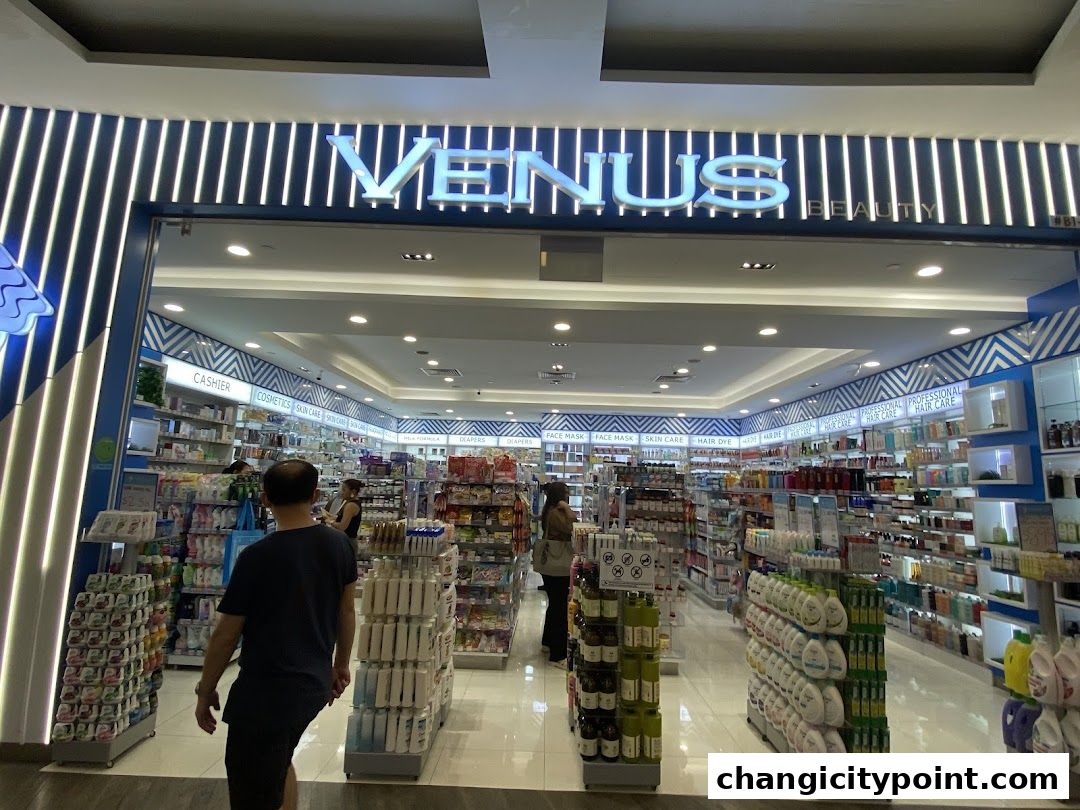 The entrance of Venus Beauty Changi City Point, showcasing a wide array of beauty and personal care products.