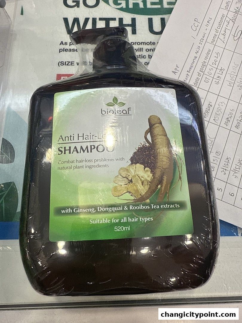 A bottle of Bioleaf Anti Hair-Loss Shampoo with Ginseng, Dongquai & Rooibos Tea extracts.
