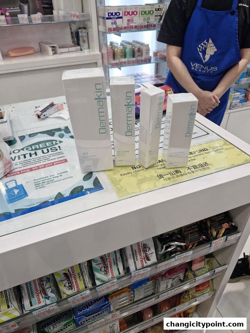 Dermakin skincare products displayed at Venus Beauty Changi City Point.