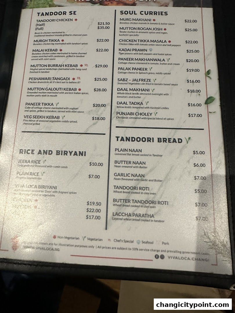 A menu from Viva Loca Changi featuring Indian dishes like Tandoori, Curries, and Biryani.