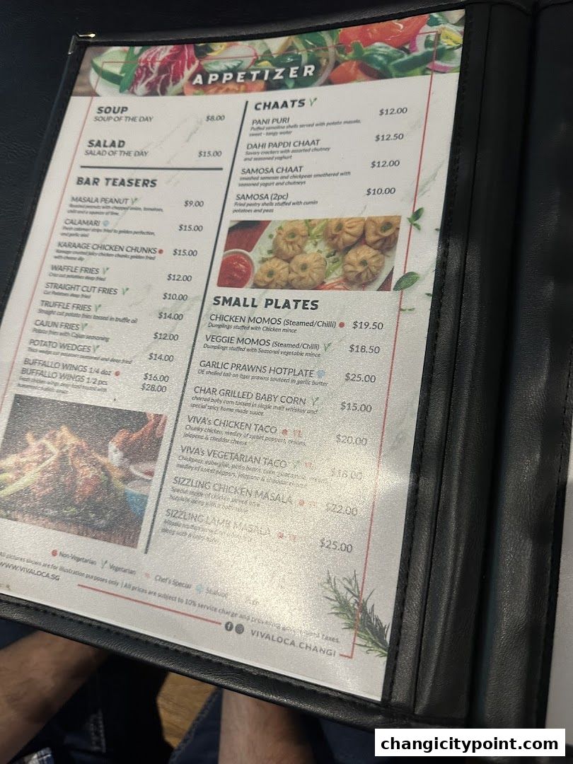 A menu from Viva Loca Changi featuring appetizers, chaats, bar teasers, and small plates.