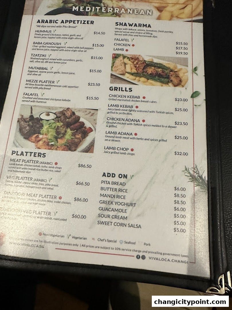 A menu from Viva Loca Changi featuring Mediterranean dishes like Arabic appetizers, shawarma, and grills.