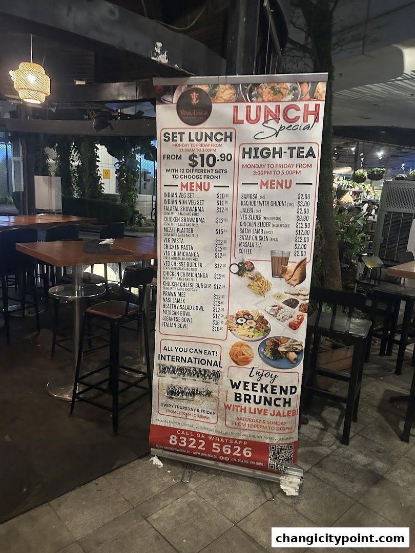A banner advertising lunch specials, high-tea, and weekend brunch at Viva Loca.