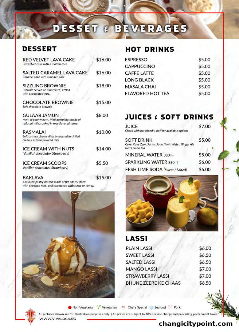 A menu for Viva Loca Changi featuring desserts, hot drinks, juices, soft drinks, and lassis.