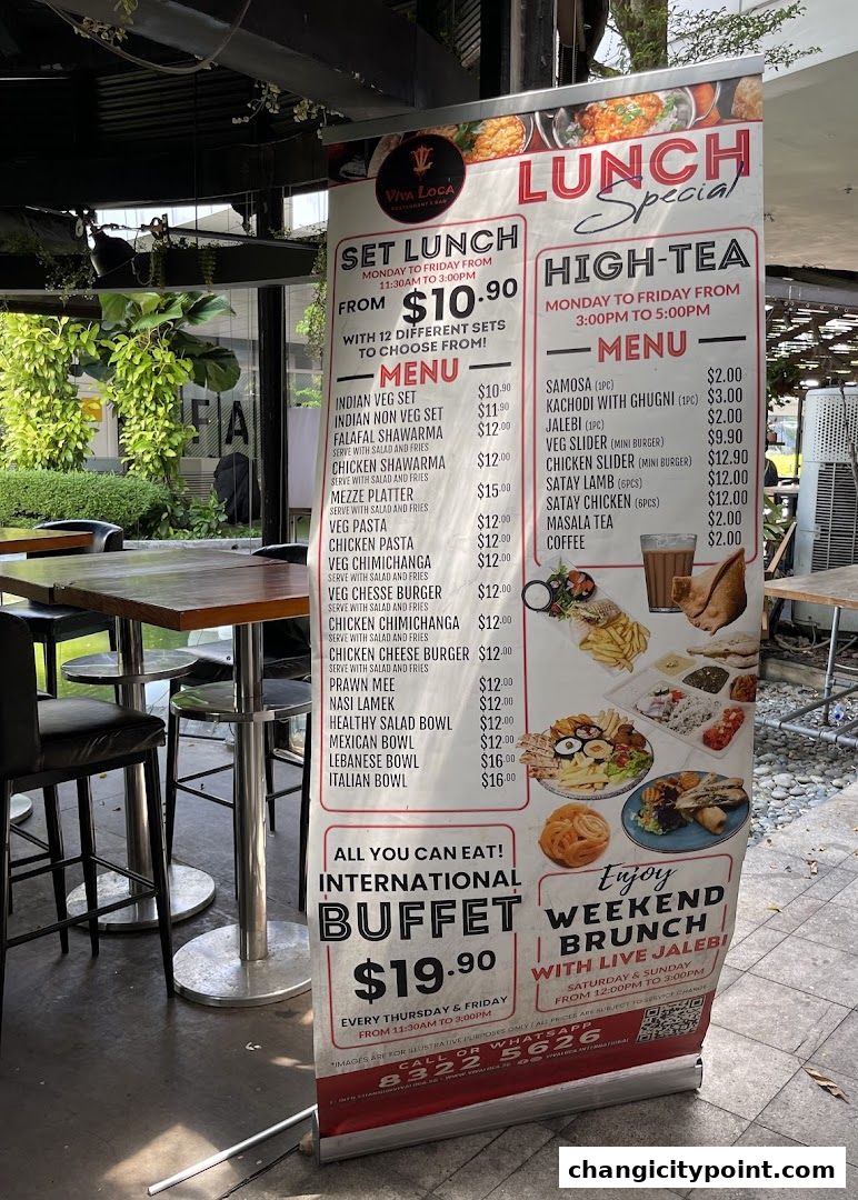 A large banner advertising lunch specials, high-tea, and an international buffet at Viva Loca.