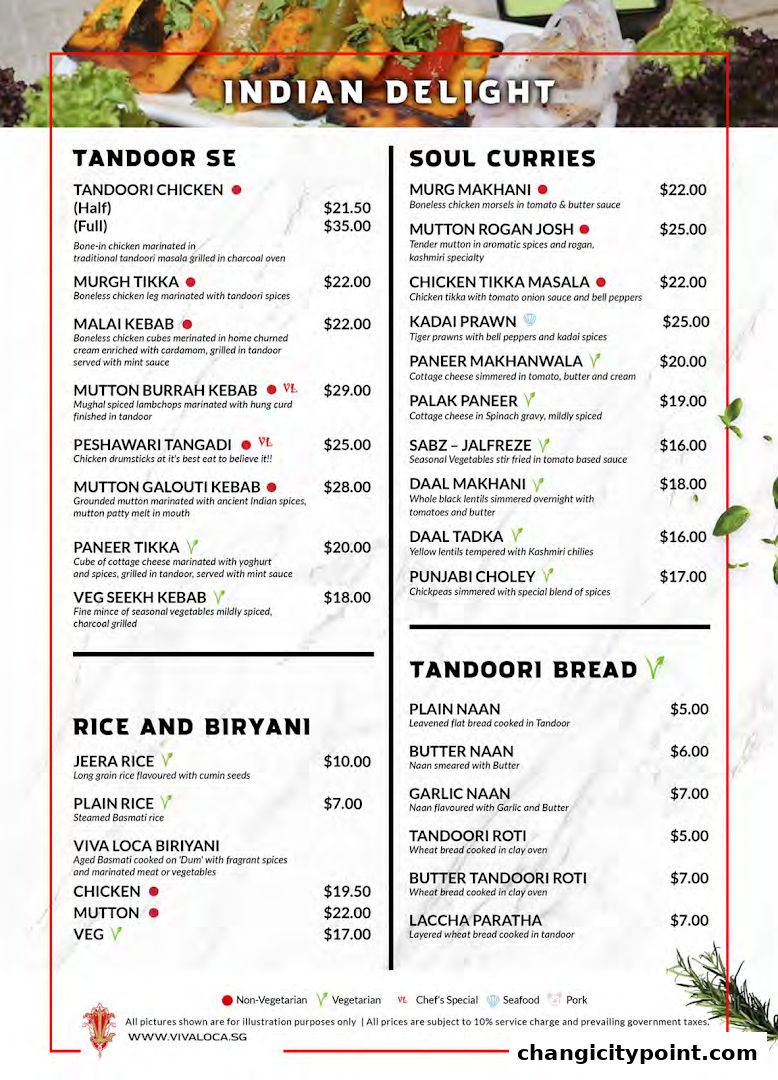 A menu for Viva Loca Changi featuring Indian dishes like Tandoori, Curries, Rice, Biryani, and Tandoori Bread.