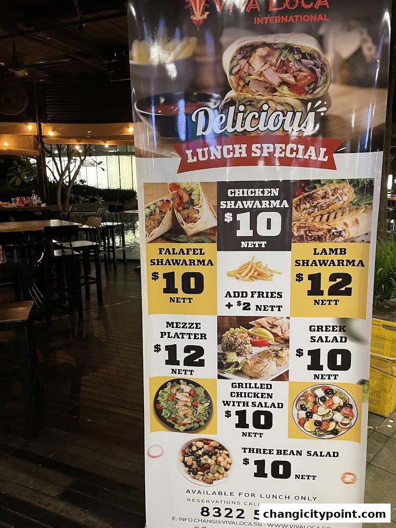 A banner advertising Viva Loca's delicious lunch specials with various shawarma and salad options.