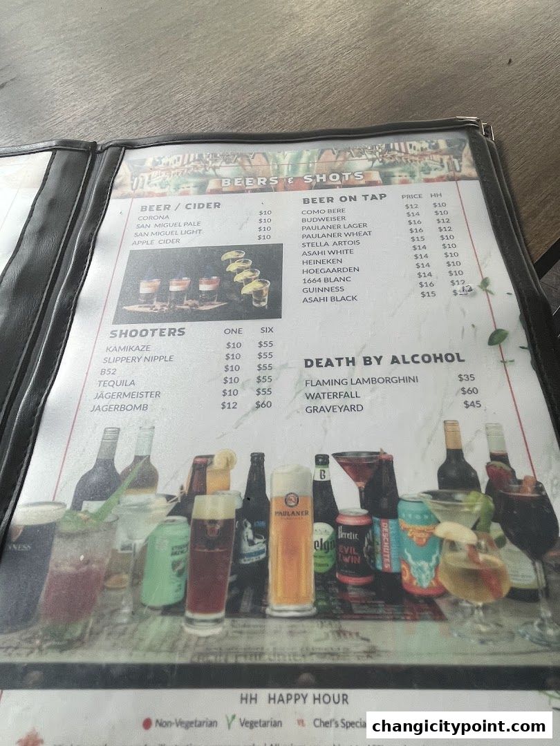A menu featuring beers, shots, and cocktails with prices and illustrations.