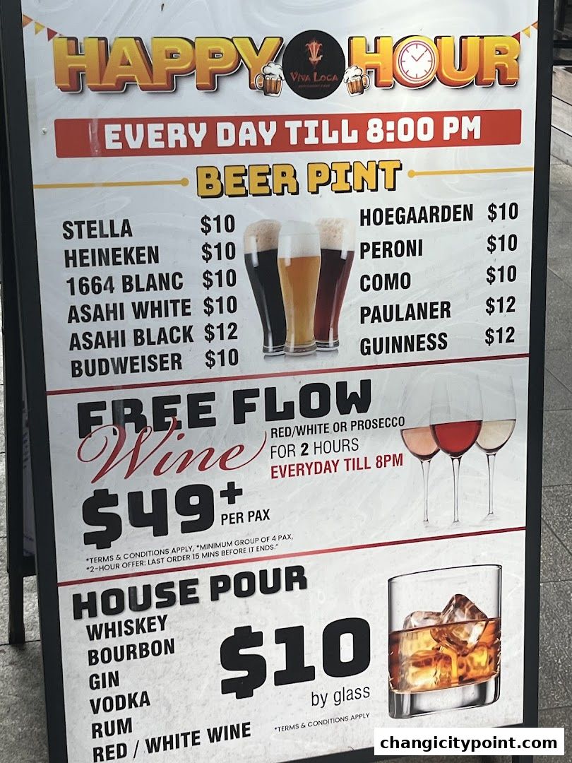 Happy Hour menu board for Viva Loca featuring beer, wine, and house pour specials.