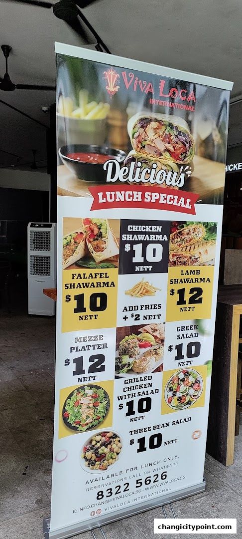 A pull-up banner advertising Viva Loca International's delicious lunch specials.