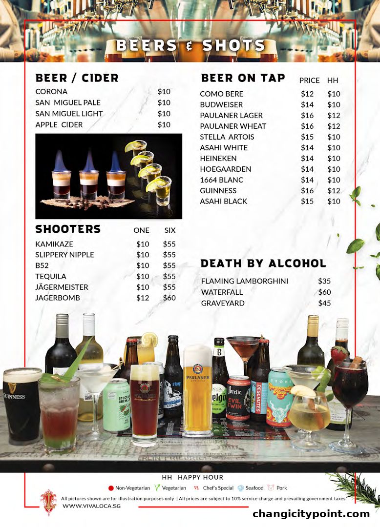 A menu for Viva Loca Changi featuring beers, shots, and cocktails with prices.