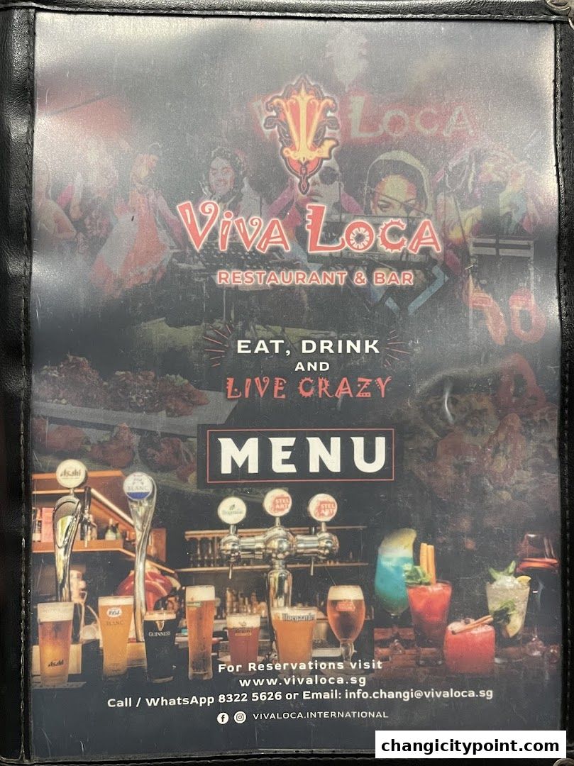 Menu cover for Viva Loca Restaurant & Bar, featuring drinks and reservation details.
