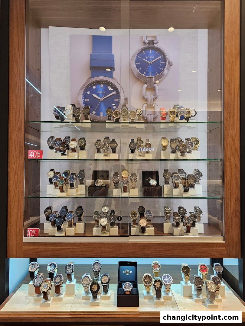 A display case filled with various Fossil watches, showcasing different styles and designs.