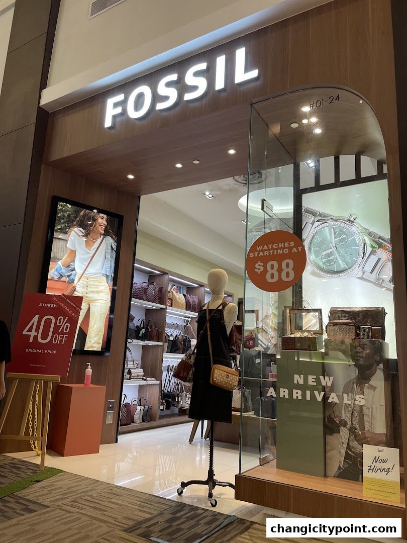 Fossil store front with watches, bags, and sale signs.