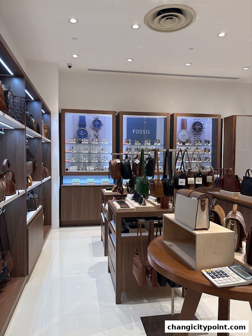 Interior view of a Fossil watch and bag store showcasing display cases and merchandise.