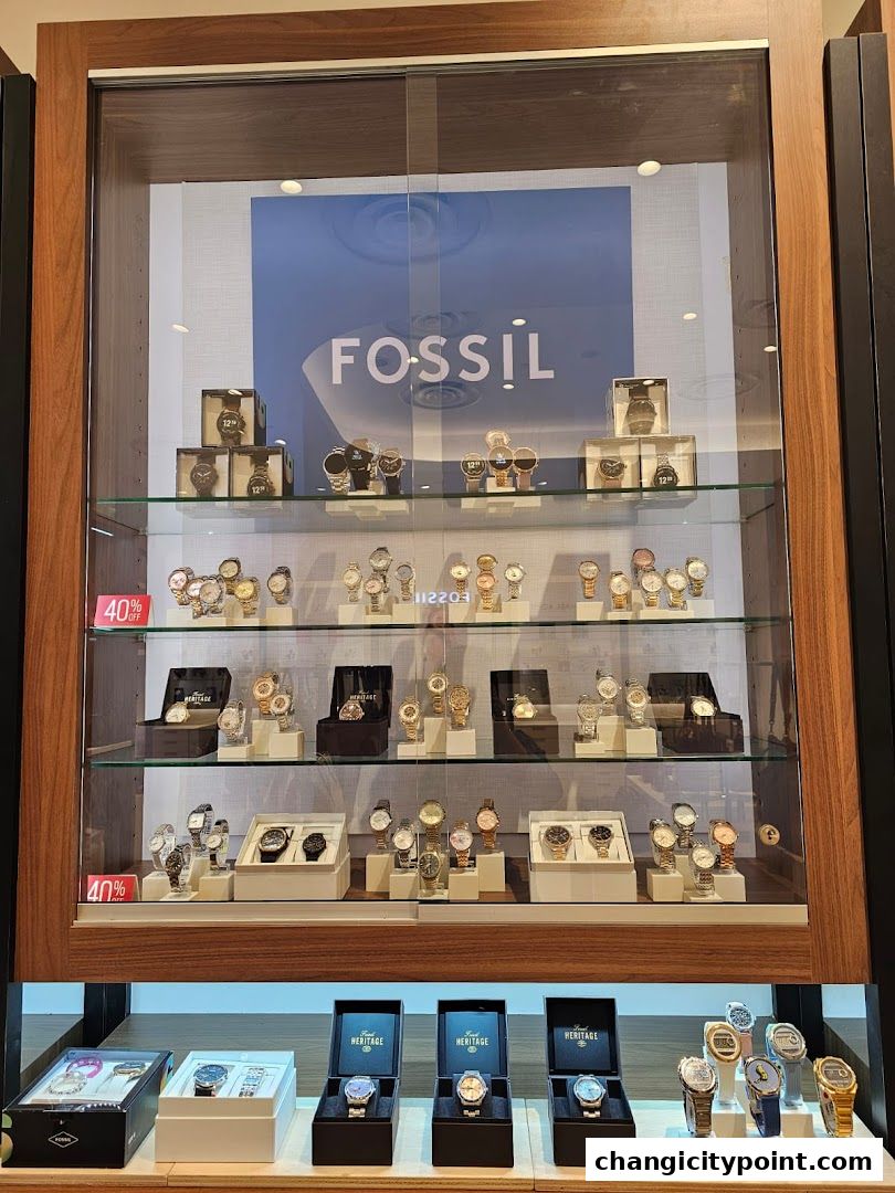 A display case filled with Fossil watches, showcasing various styles and collections.