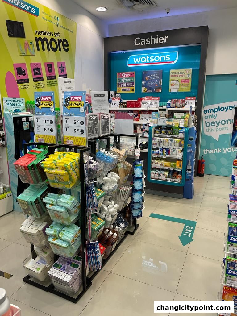 Interior view of a Watsons store with product displays and a cashier counter.
