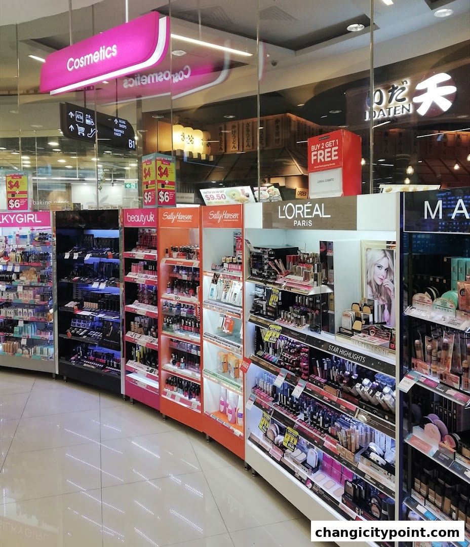 A wide selection of cosmetics and beauty products displayed on shelves in a retail store.