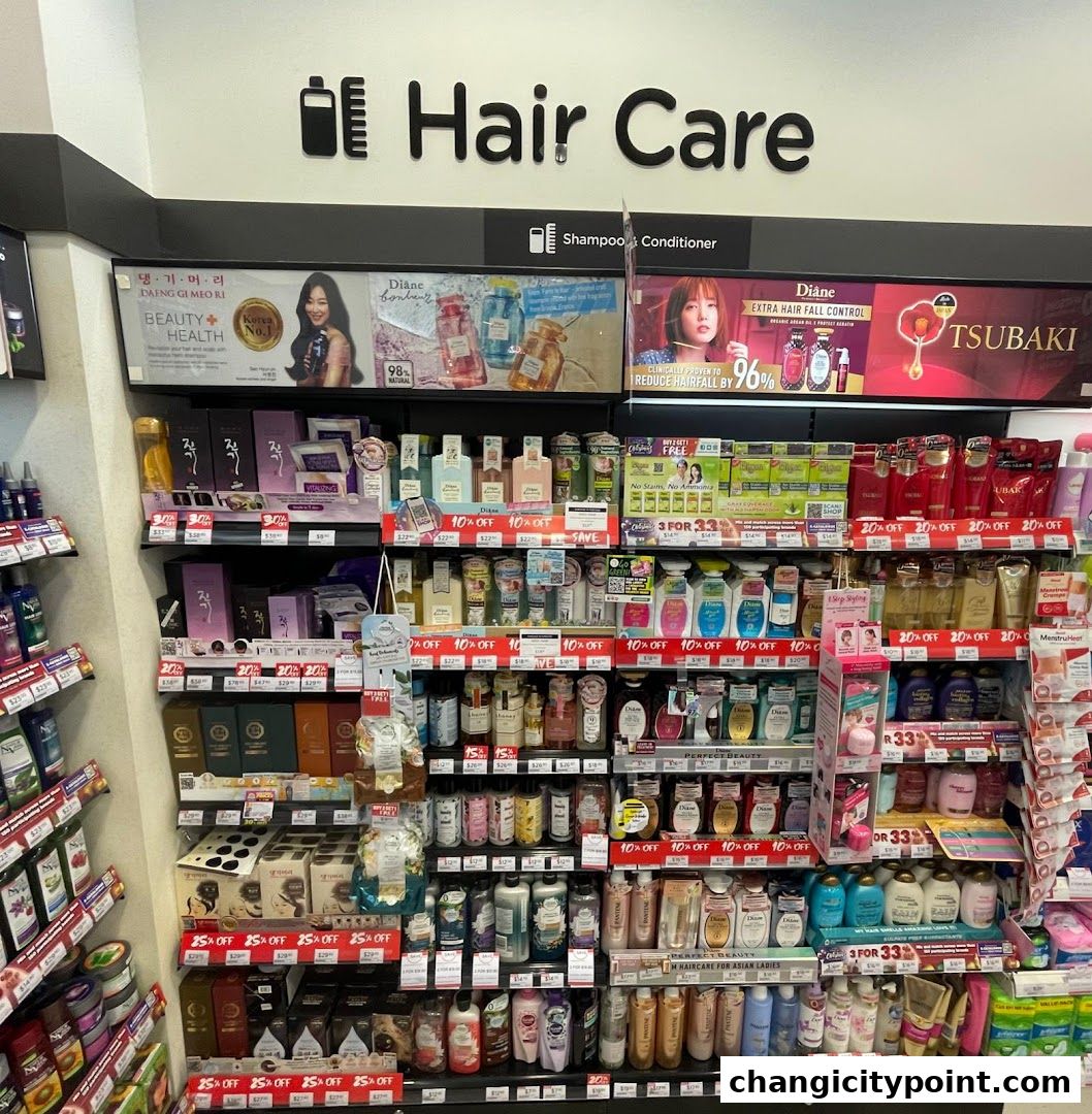 A wide selection of hair care products, including shampoos and conditioners, displayed on shelves.