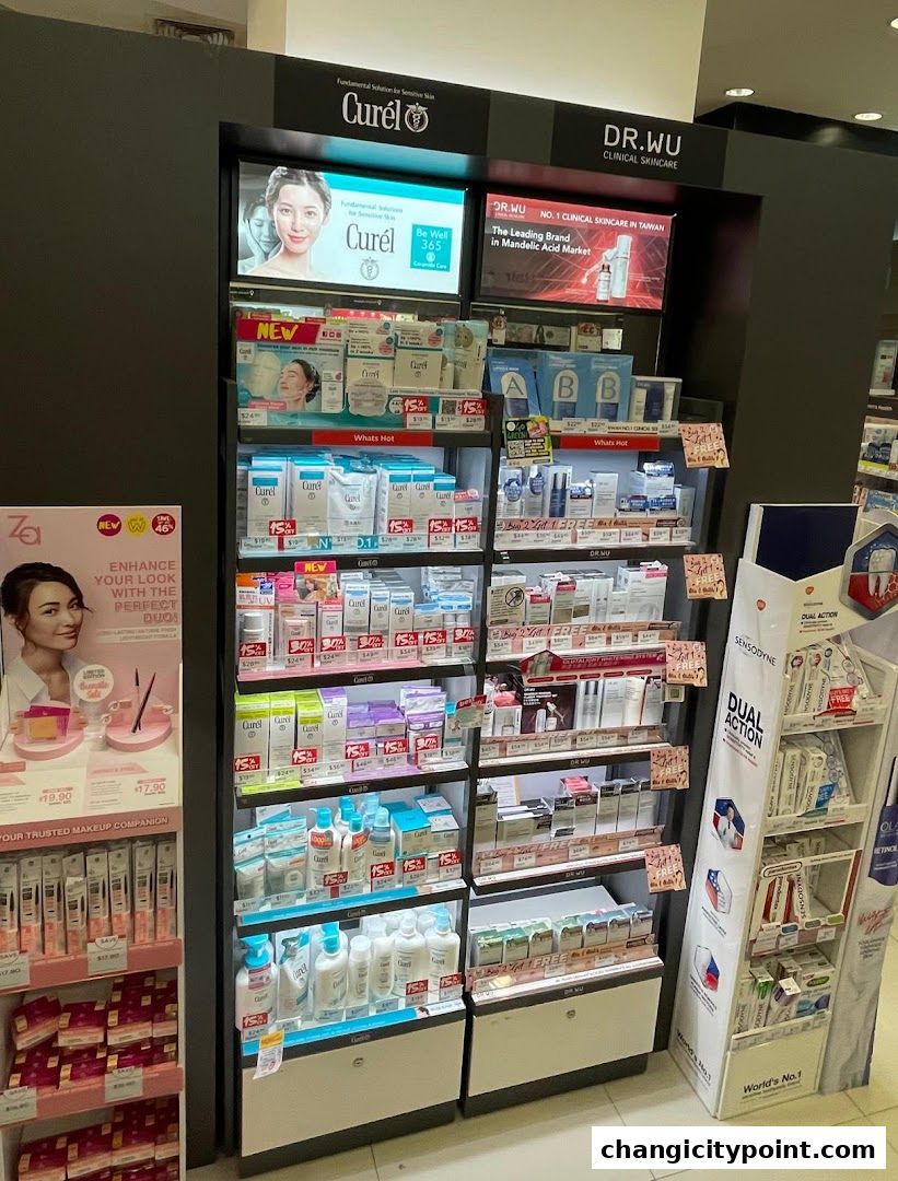 A display of skincare products from brands like Curél and DR.WU, featuring promotions.
