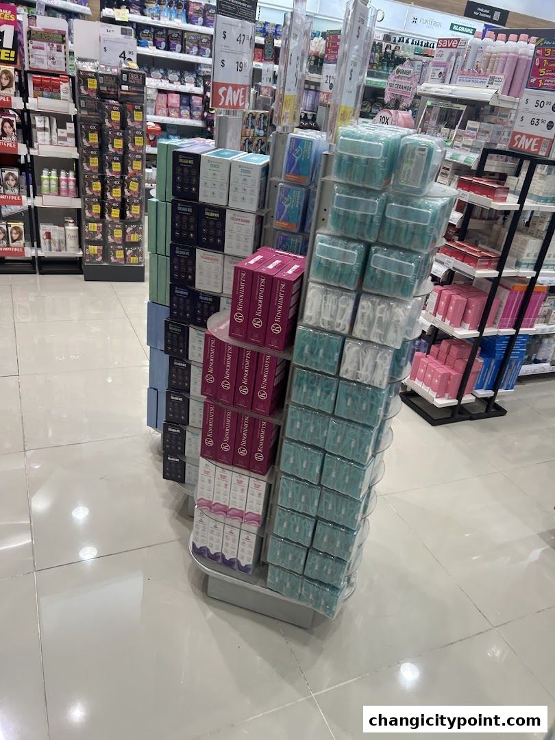 A display of health and beauty products, including supplements and skincare, in a retail store.
