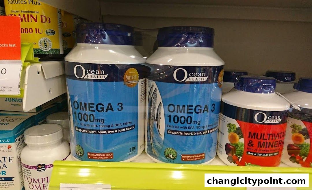 Bottles of Ocean Health Omega 3 and Multivitamin & Mineral supplements on a shelf.