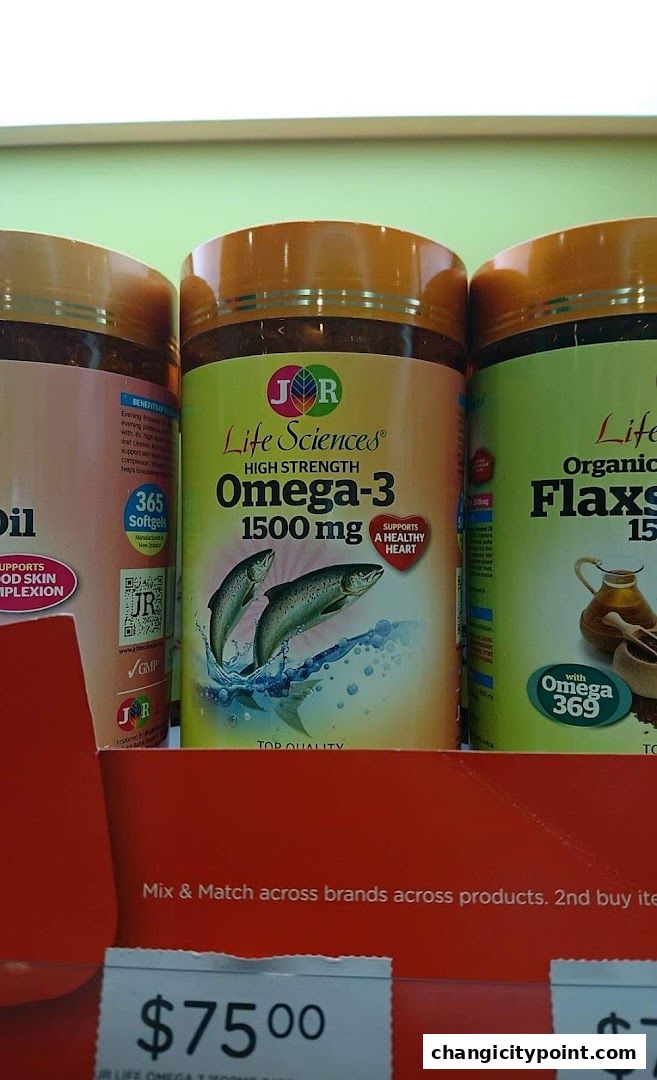 Bottles of Life Sciences Omega-3 and Organic Flaxseed supplements on a shelf.