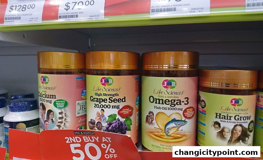 A shelf display of various health supplements including Calcium, Grape Seed, Omega-3, and Hair Grow.