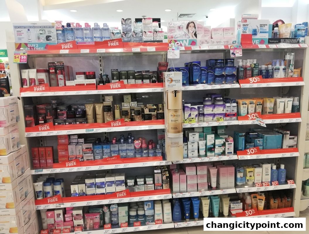 Shelves stocked with various skincare and beauty products, many with promotional tags.